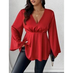 Shein Celure V-Neck Ruffled Front w/ Bell Sleeve Red 4XL NEW w/o Tags